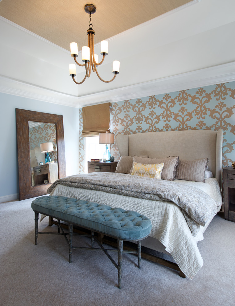 This is an example of a medium sized nautical bedroom in DC Metro with multi-coloured walls and carpet.