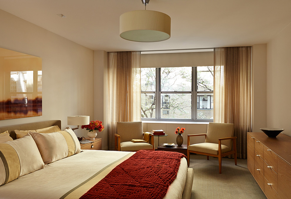 Imagen de dormitorio principal contemporáneo de tamaño medio sin chimenea con paredes negras, moqueta y suelo beige