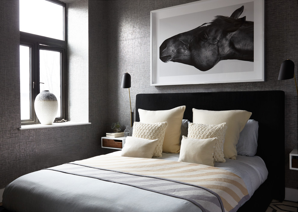 Idéer för ett modernt sovrum, med grå väggar