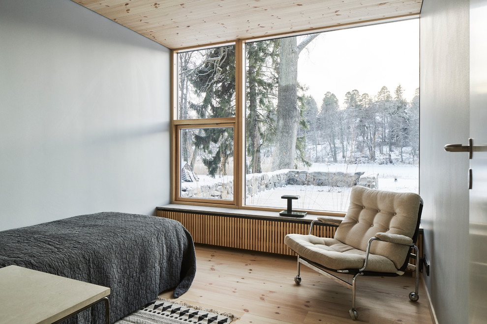 Exempel på ett mellanstort modernt gästrum, med grå väggar och ljust trägolv