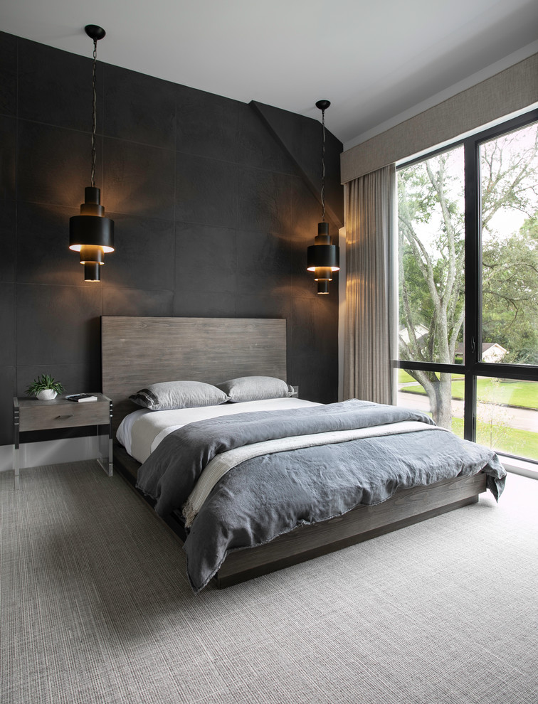 Идея дизайна: спальня в современном стиле с черными стенами, ковровым покрытием и серым полом