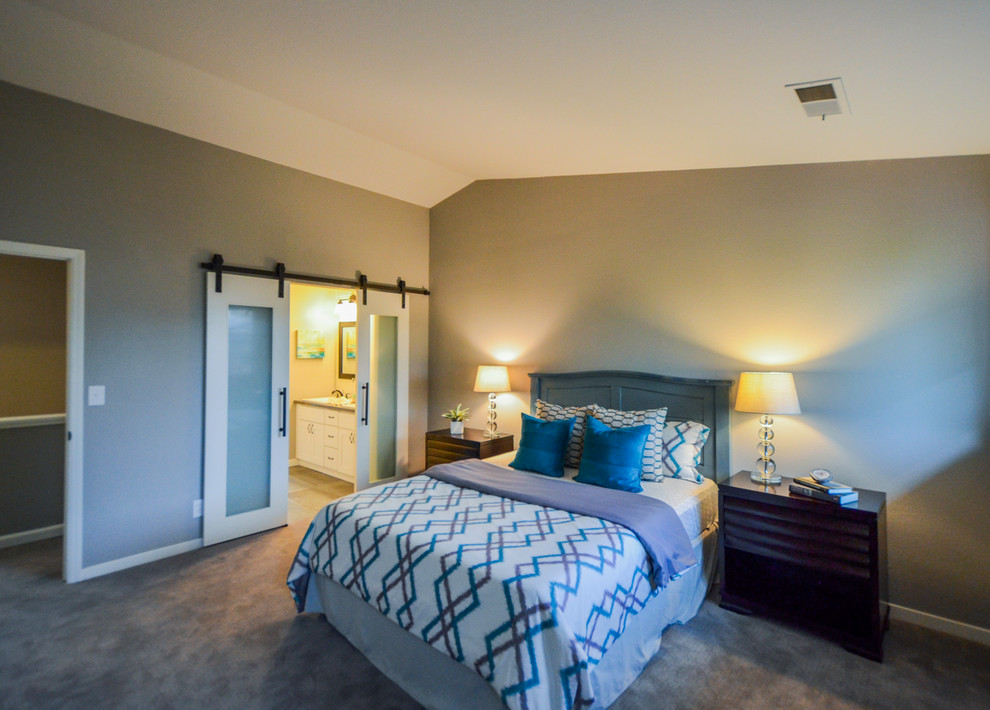 Ejemplo de dormitorio principal de estilo americano de tamaño medio con paredes grises y suelo de baldosas de porcelana