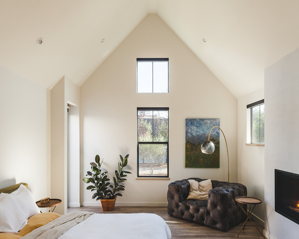 This is an example of a country master bedroom in San Francisco with beige walls, medium hardwood flooring, a standard fireplace and brown floors.