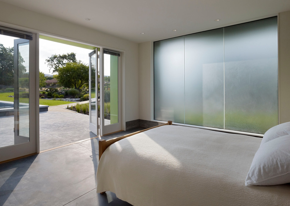 Immagine di una camera degli ospiti moderna di medie dimensioni con pavimento in cemento e pareti bianche
