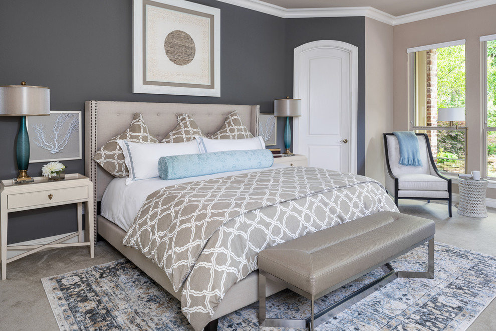 Example of a large transitional master carpeted and beige floor bedroom design in Dallas with gray walls, a standard fireplace and a tile fireplace