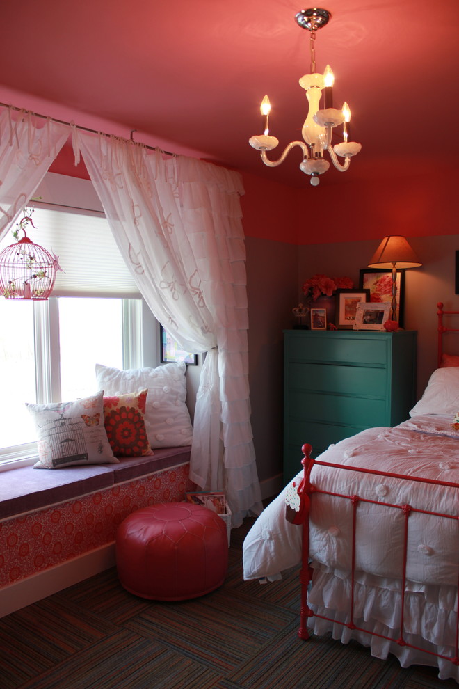 Inspiration for a medium sized contemporary grey and pink bedroom in Kansas City with pink walls and carpet.