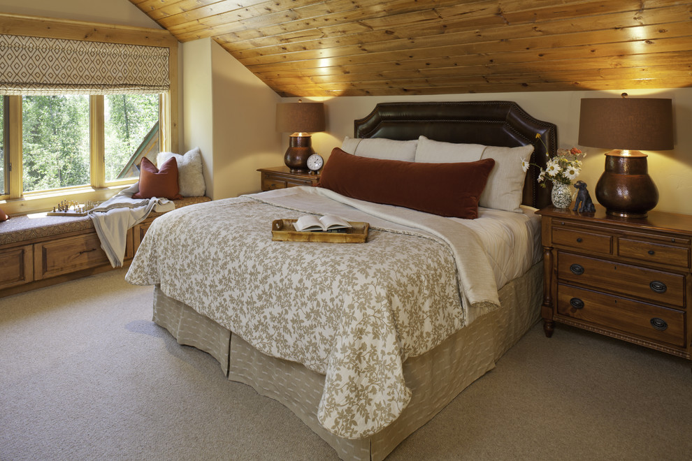 Inspiration for a medium sized classic master bedroom in Denver with beige walls and carpet.