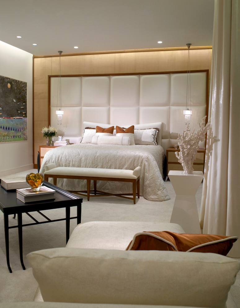 Large trendy master carpeted and white floor bedroom photo in Miami with white walls