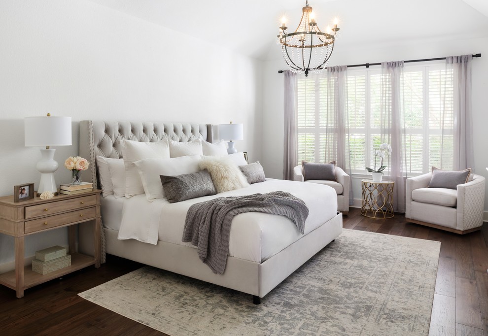 Inspiration for a medium sized classic master bedroom in Austin with white walls, dark hardwood flooring and brown floors.