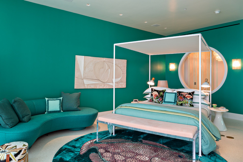 Свежая идея для дизайна: спальня в современном стиле с зелеными стенами - отличное фото интерьера