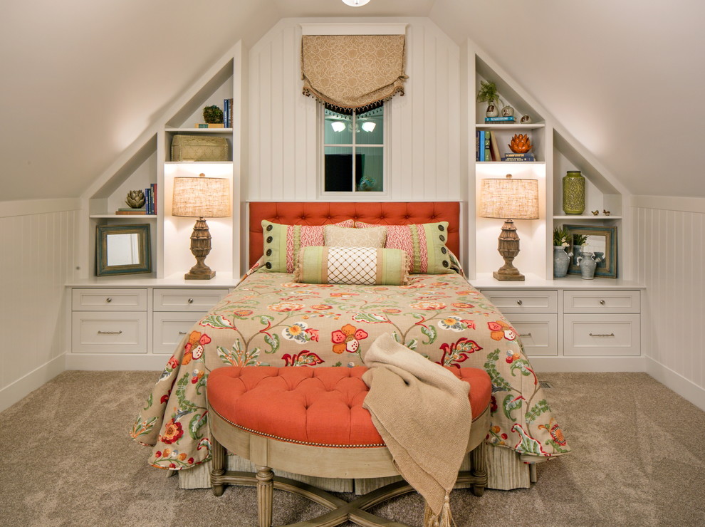 Design ideas for a large classic mezzanine bedroom in Omaha with white walls and carpet.