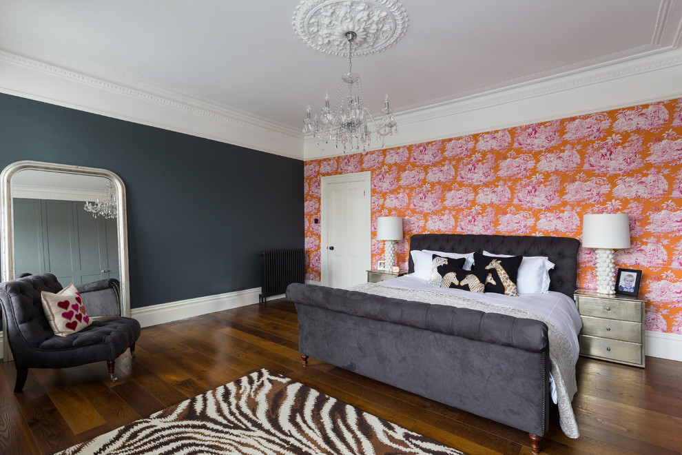 Contemporary grey and pink bedroom in London.