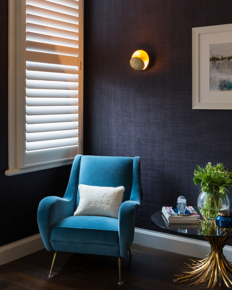 Bedroom - large contemporary master dark wood floor and brown floor bedroom idea in Gloucestershire with blue walls