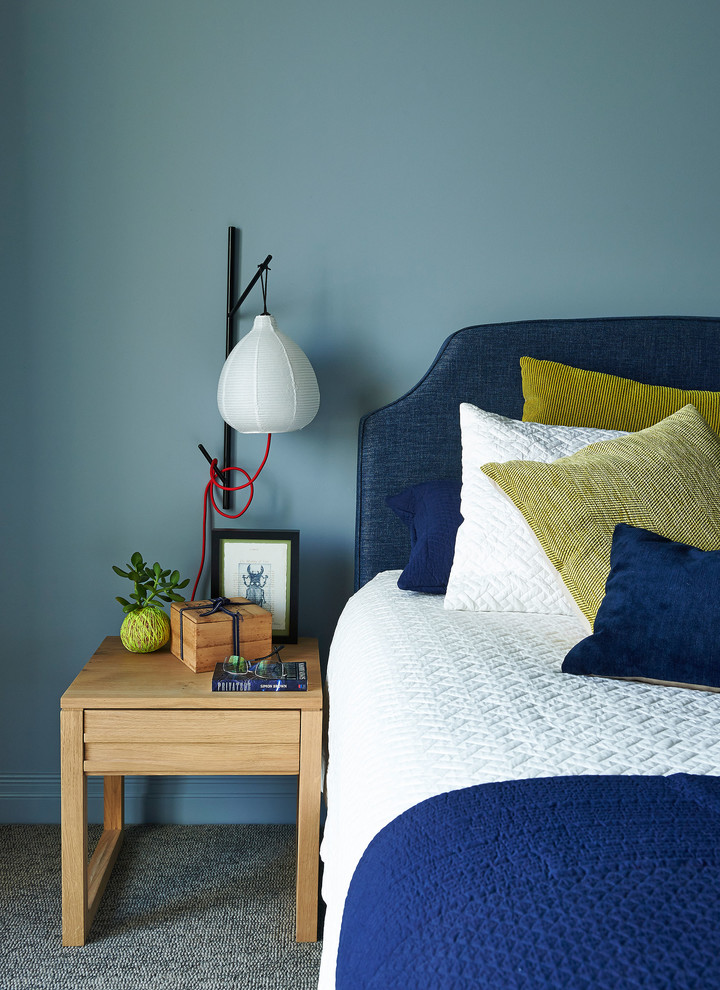 メルボルンにある中くらいなコンテンポラリースタイルのおしゃれな主寝室 (青い壁、カーペット敷き、グレーの床) のインテリア