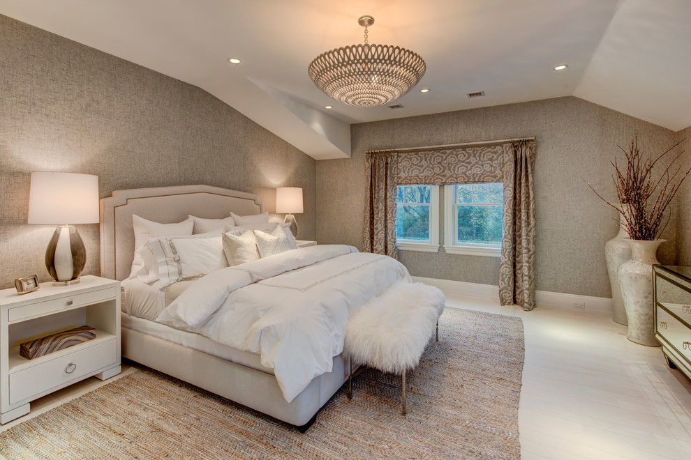 Medium sized contemporary master bedroom in New York with grey walls, painted wood flooring, no fireplace and feature lighting.
