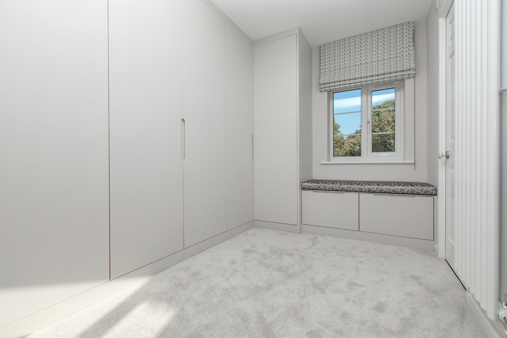 Diseño de dormitorio principal contemporáneo de tamaño medio con moqueta, paredes beige y suelo beige