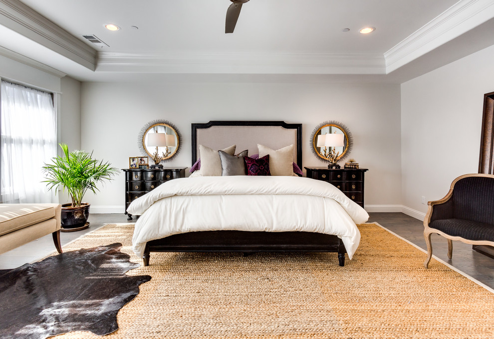 Design ideas for a large classic master bedroom in Dallas with white walls and medium hardwood flooring.