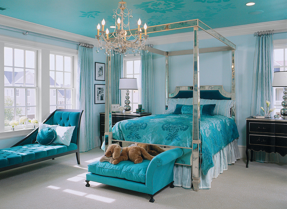 Elegant carpeted bedroom photo in Charleston with blue walls