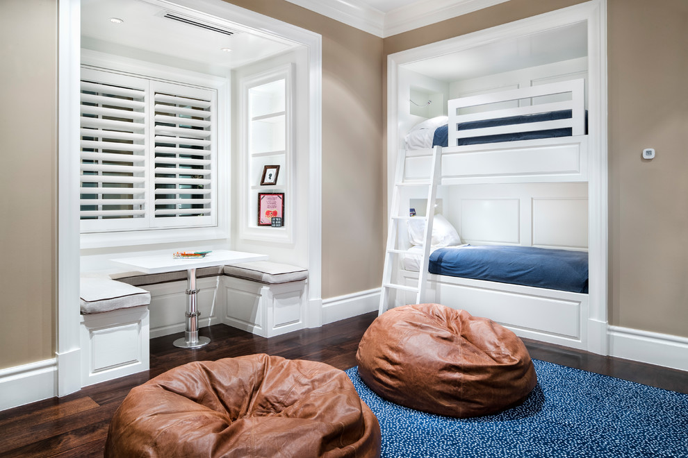 Design ideas for a large modern bedroom in Austin with beige walls, dark hardwood flooring and brown floors.