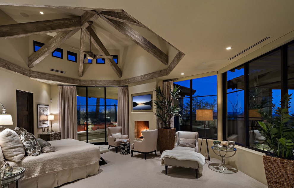 フェニックスにある広いコンテンポラリースタイルのおしゃれな主寝室 (白い壁、カーペット敷き、標準型暖炉、漆喰の暖炉まわり)