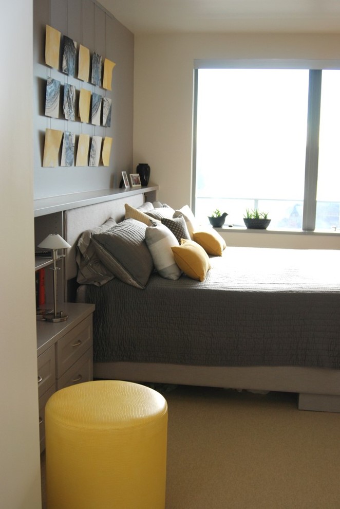 Photo of a medium sized contemporary master bedroom in Portland with beige walls.