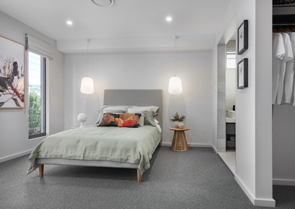 シドニーにある広いコンテンポラリースタイルのおしゃれな主寝室 (カーペット敷き) のインテリア