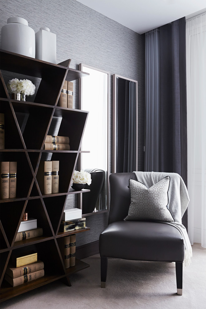 Bedroom - transitional carpeted bedroom idea in London with gray walls