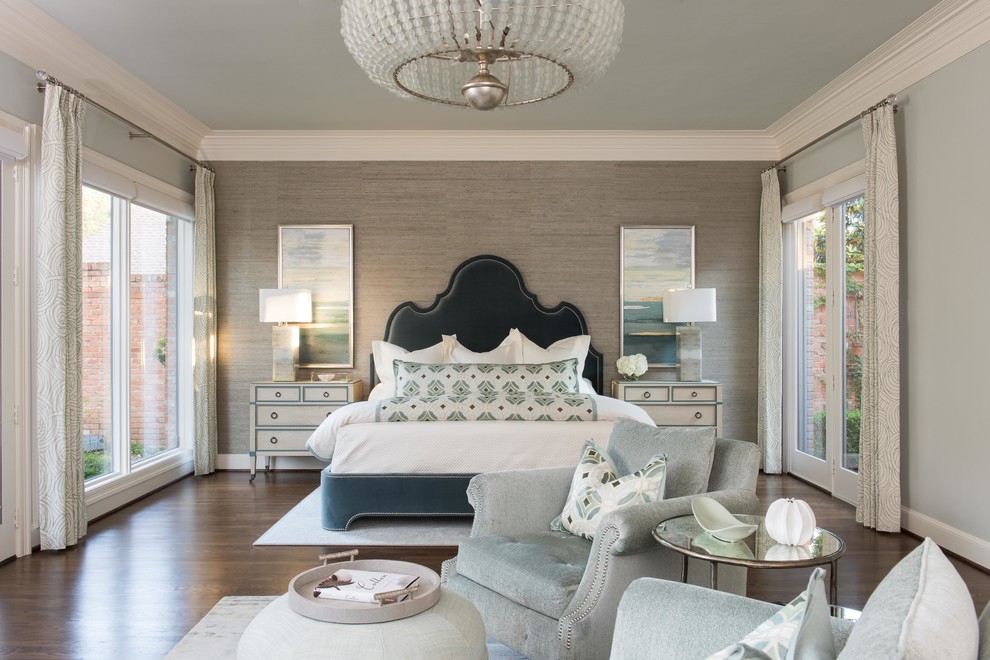 Large transitional master dark wood floor bedroom photo in Dallas with gray walls and no fireplace