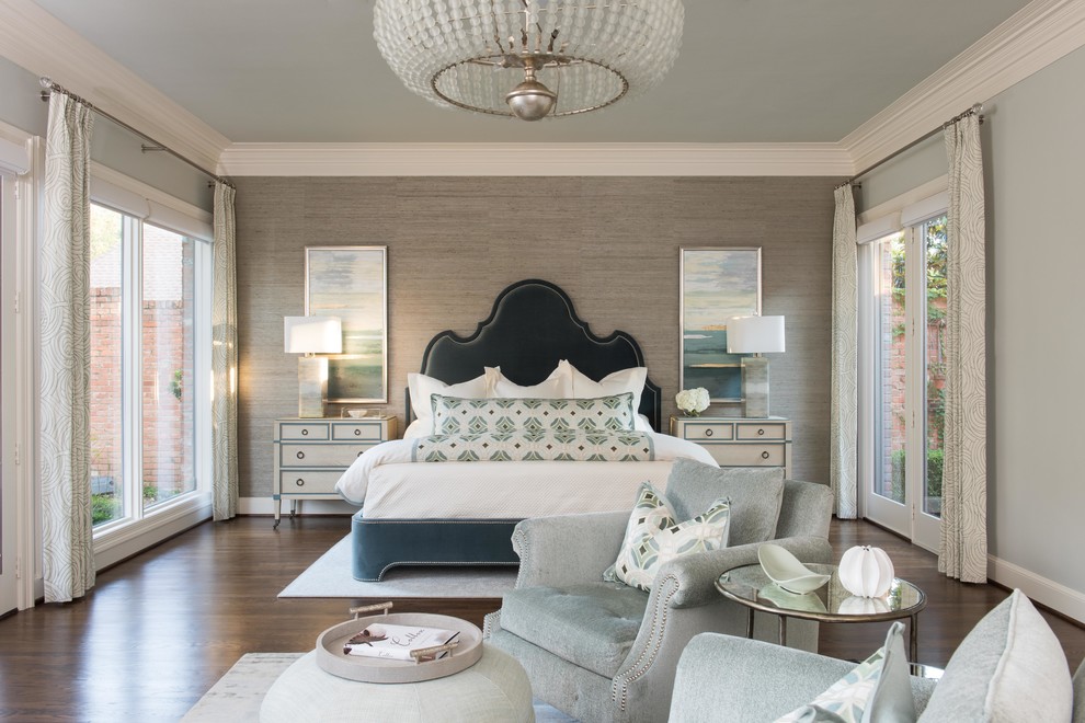 This is an example of a large classic master and grey and cream bedroom in Dallas with grey walls, dark hardwood flooring, no fireplace and feature lighting.