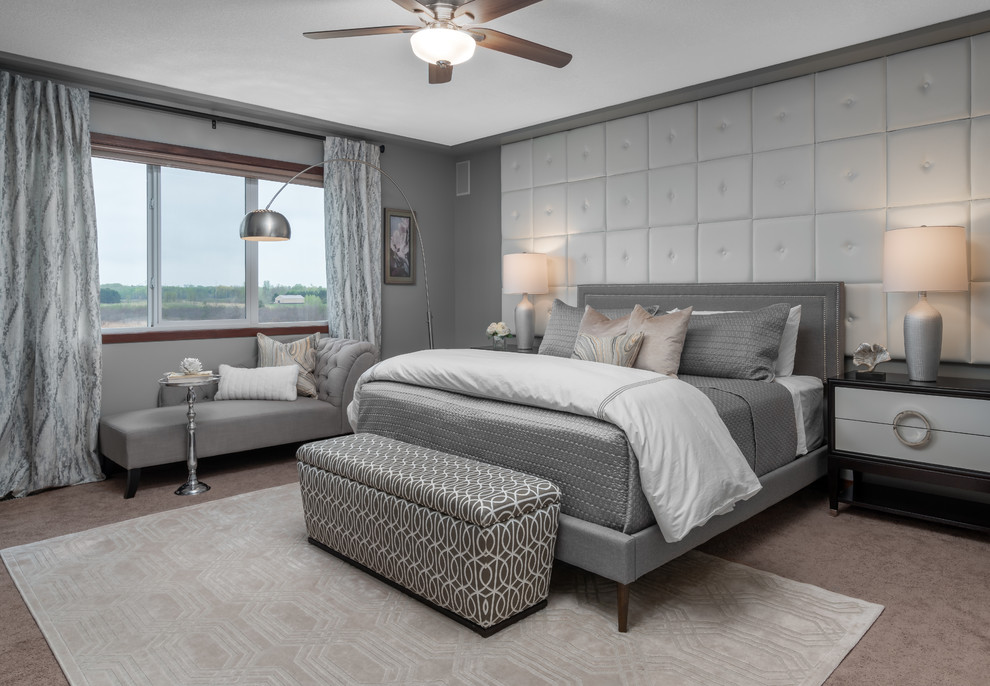 Design ideas for a classic master and grey and silver bedroom in Minneapolis with grey walls, carpet, beige floors and a feature wall.
