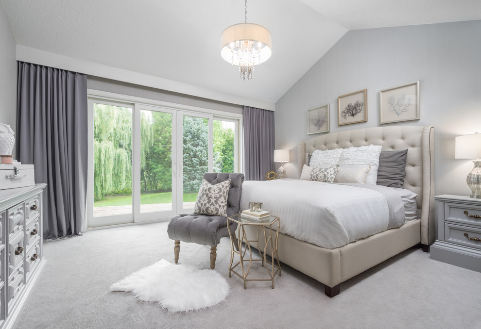 Example of a transitional carpeted bedroom design in Minneapolis with white walls