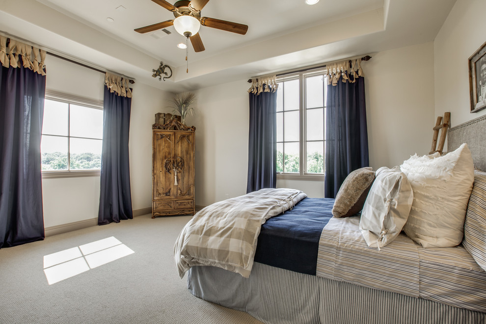 Photo of a medium sized mediterranean guest bedroom in Dallas with beige walls, carpet and no fireplace.