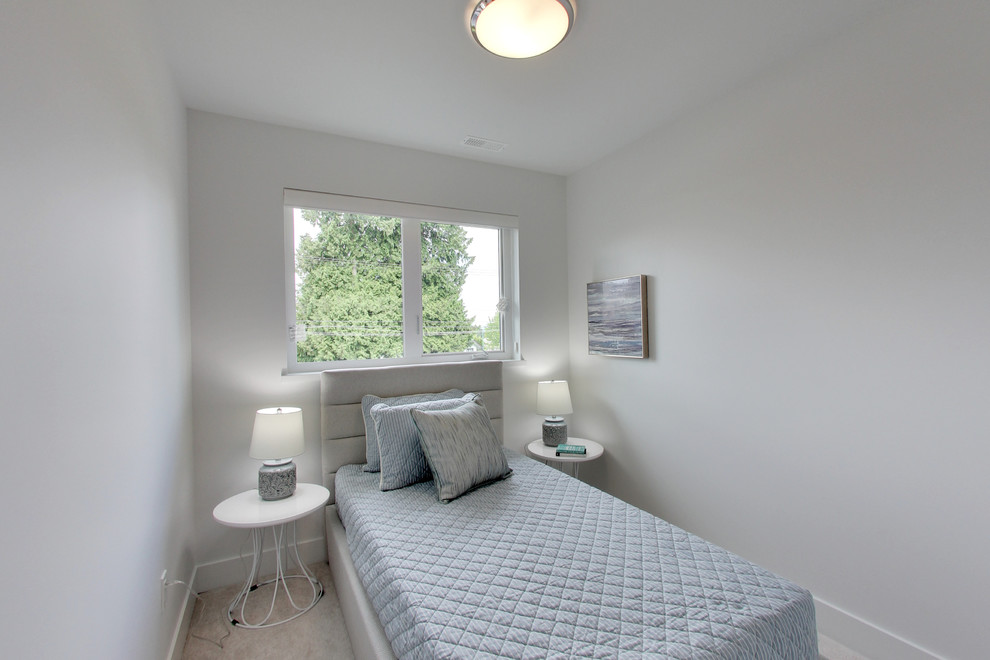Ispirazione per una piccola camera degli ospiti moderna con pareti bianche, moquette e pavimento beige