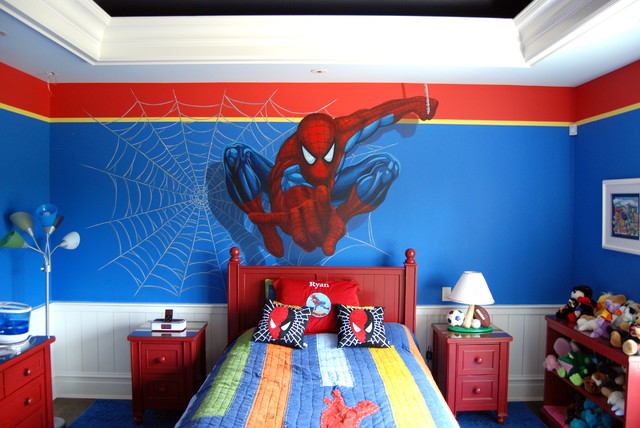 Spiderman Superhero Murals in a boys bedroom. Hand painted by Tom Taylor of  Mura - Éclectique - Chambre - Washington, D.C. - par Mural Art LLC-Wall  Murals and Fine Art | Houzz