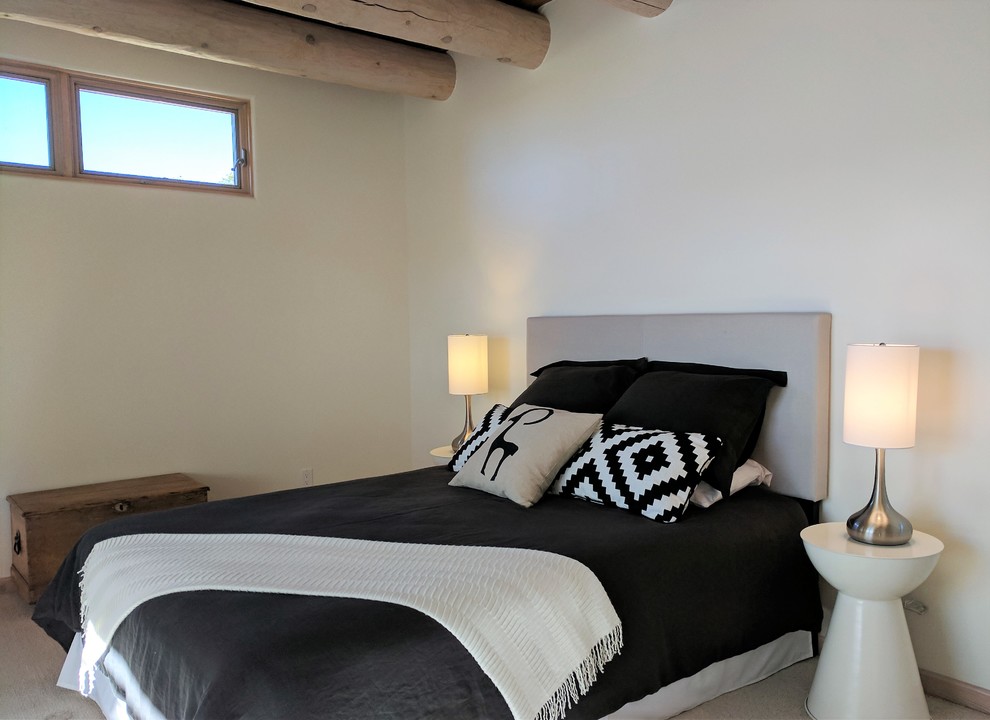 На фото: большая хозяйская спальня в стиле фьюжн с белыми стенами, ковровым покрытием, угловым камином и фасадом камина из штукатурки