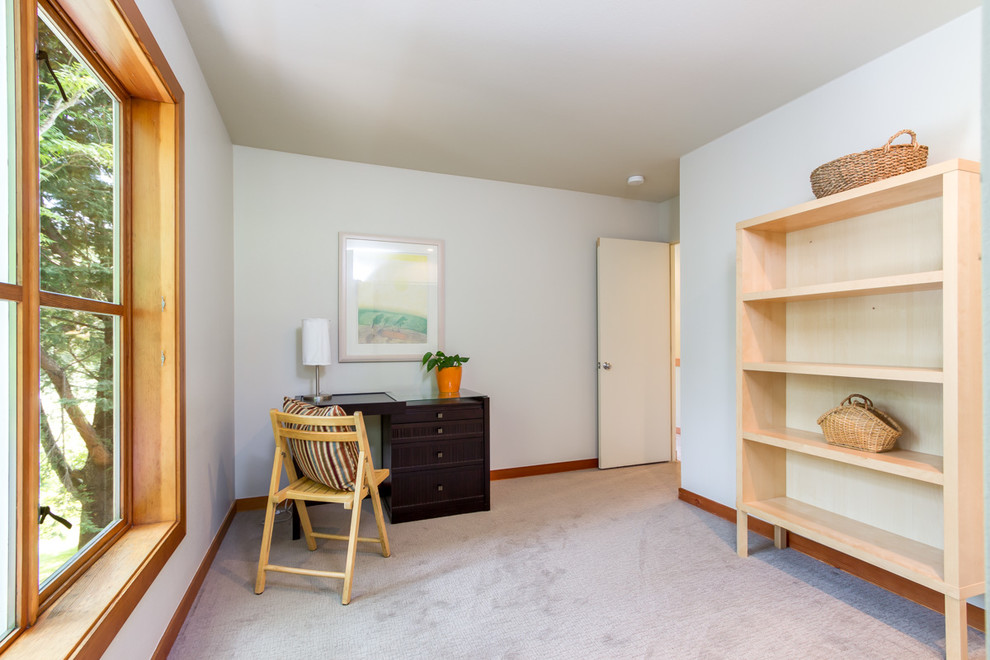 シアトルにある小さなコンテンポラリースタイルのおしゃれな寝室 (青い壁、カーペット敷き)