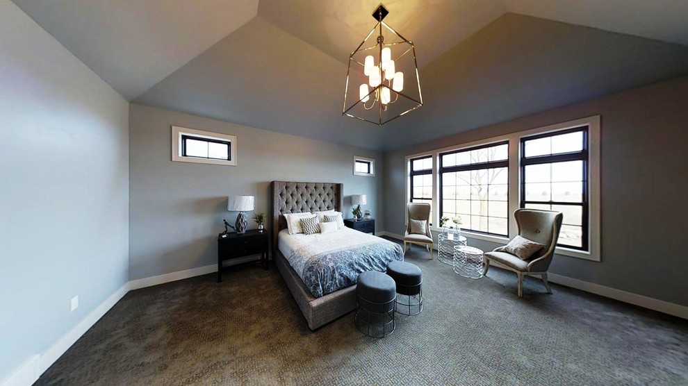 Idées déco pour une chambre classique de taille moyenne avec un mur gris et un sol gris.