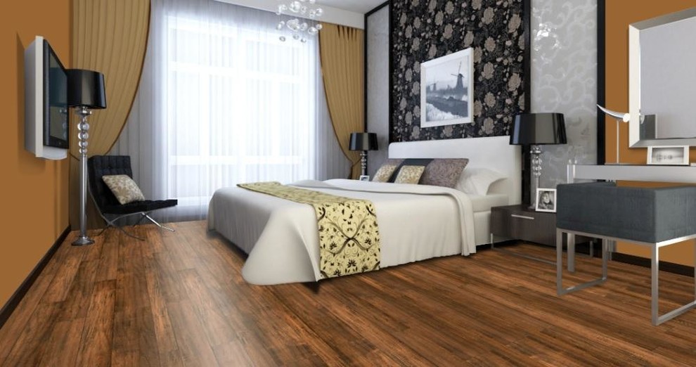 Ispirazione per una camera da letto minimalista con pareti arancioni e pavimento in legno massello medio