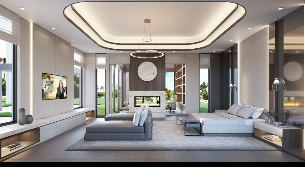 Geräumiges Modernes Hauptschlafzimmer mit beiger Wandfarbe, braunem Holzboden und grauem Boden in Miami