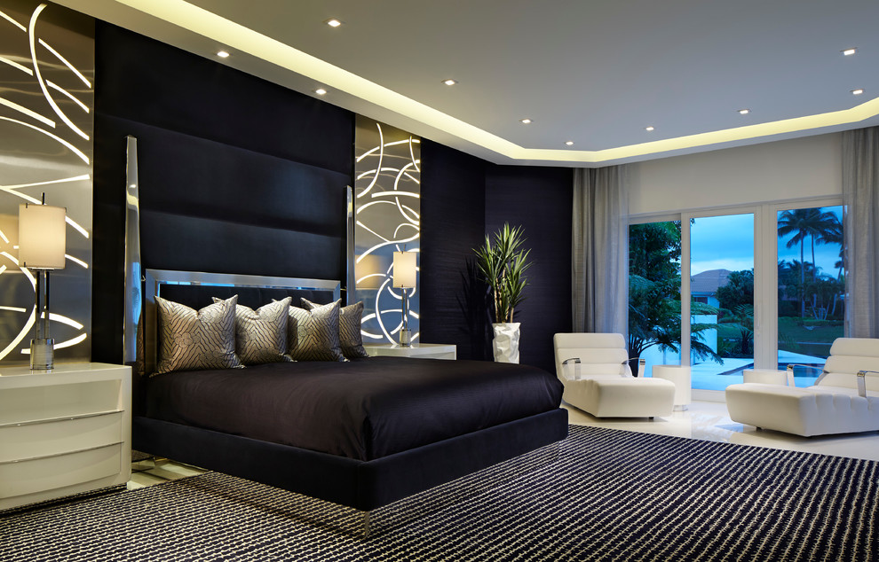 Large trendy master porcelain tile bedroom photo in Miami with black walls