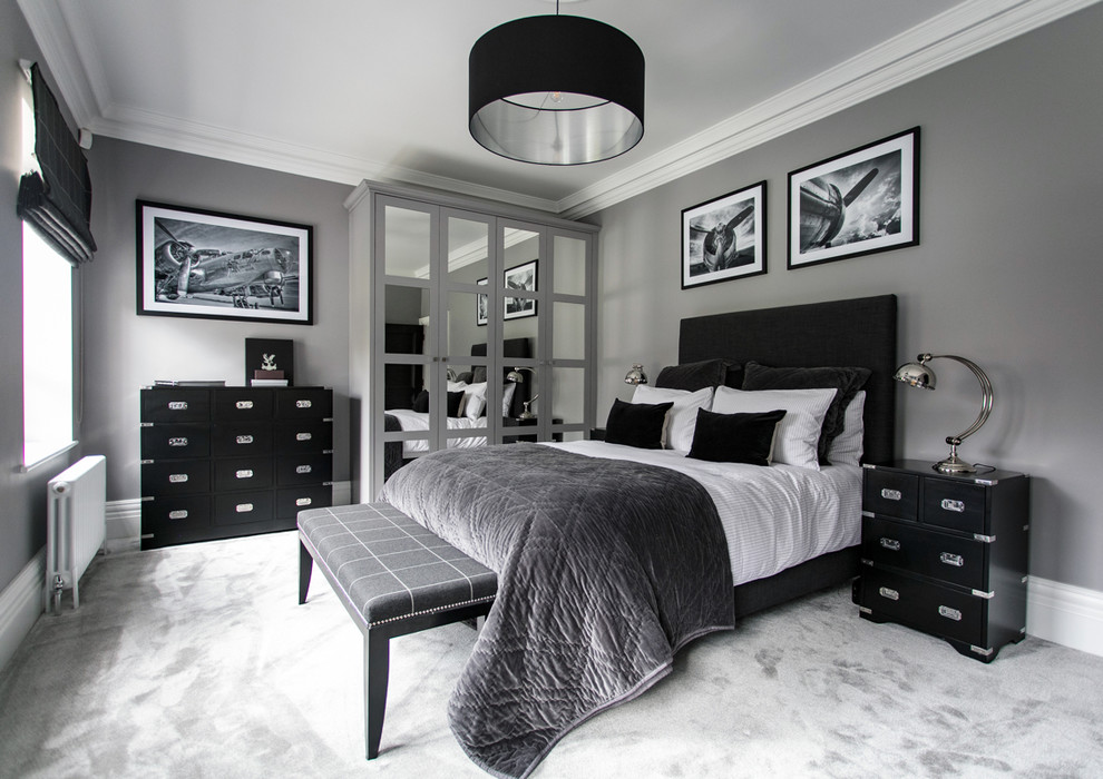 Mittelgroßes Modernes Schlafzimmer mit grauer Wandfarbe, Teppichboden und grauem Boden in Surrey