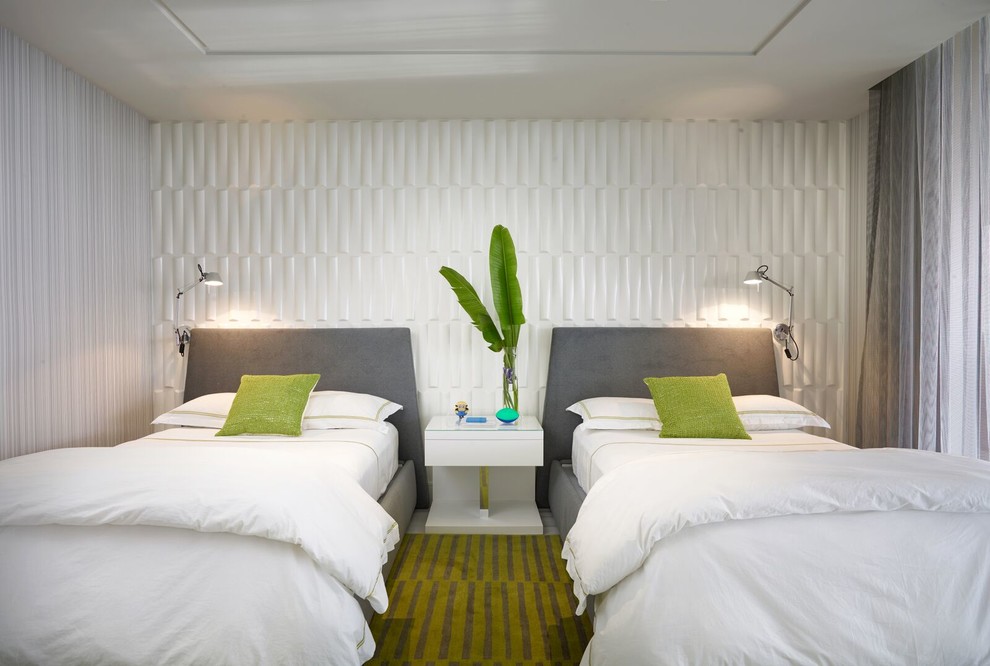 Идея дизайна: гостевая спальня (комната для гостей) в современном стиле с белыми стенами