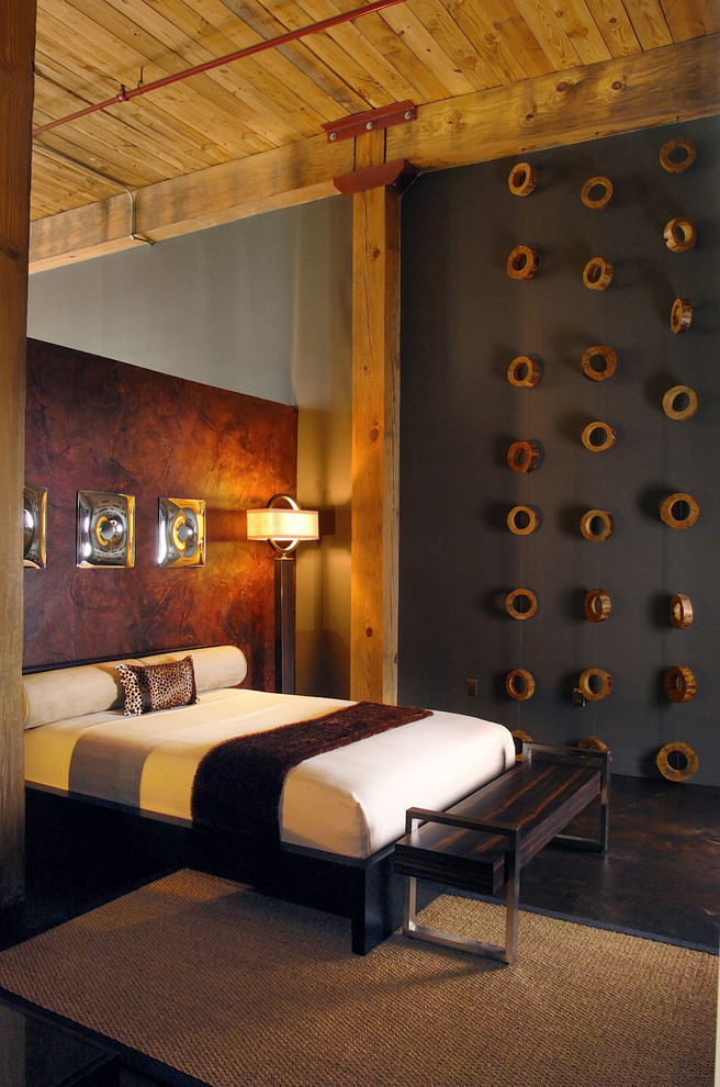 アトランタにある中くらいなコンテンポラリースタイルのおしゃれな主寝室 (グレーの壁、コンクリートの床) のインテリア