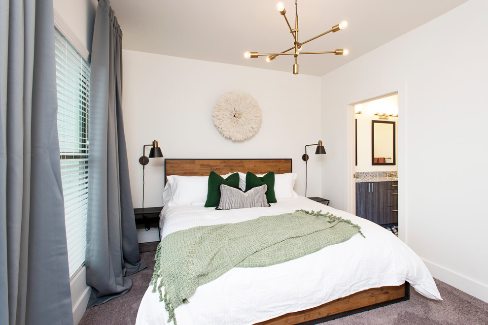 Diseño de habitación de invitados retro de tamaño medio sin chimenea con paredes blancas, moqueta y suelo gris