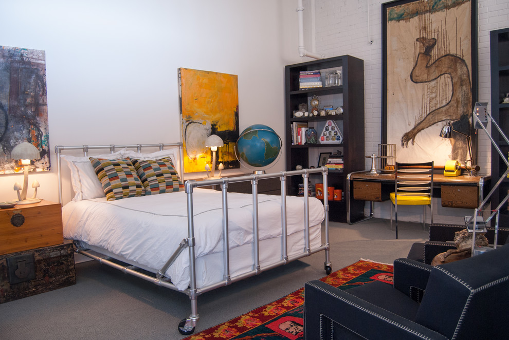 Urban carpeted bedroom photo in Other with white walls
