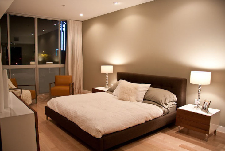 Inspiration for a large contemporary master bedroom in Los Angeles with grey walls and light hardwood flooring.
