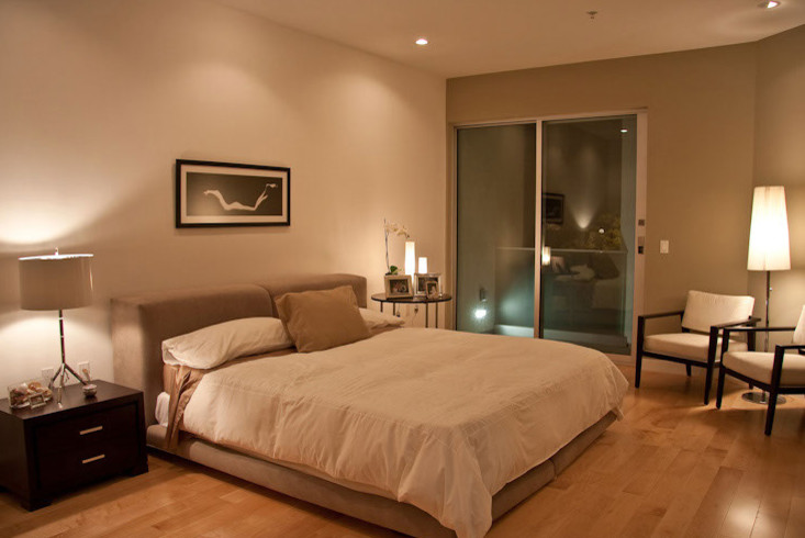 Photo of a large contemporary master bedroom in Los Angeles with grey walls and light hardwood flooring.