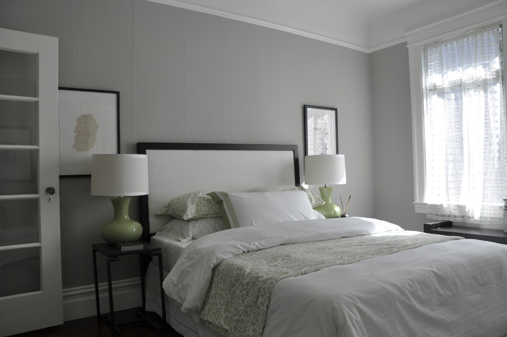 Contemporary bedroom in San Francisco with grey walls.