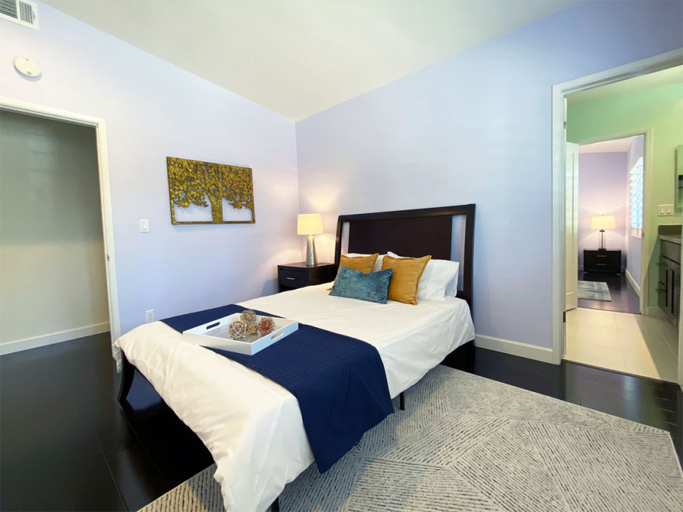 Источник вдохновения для домашнего уюта: маленькая гостевая спальня (комната для гостей) в стиле модернизм с синими стенами, полом из ламината, черным полом и сводчатым потолком для на участке и в саду
