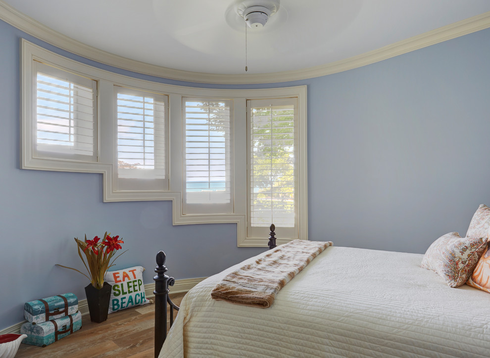 Diseño de habitación de invitados marinera de tamaño medio sin chimenea con paredes azules, suelo laminado y suelo marrón